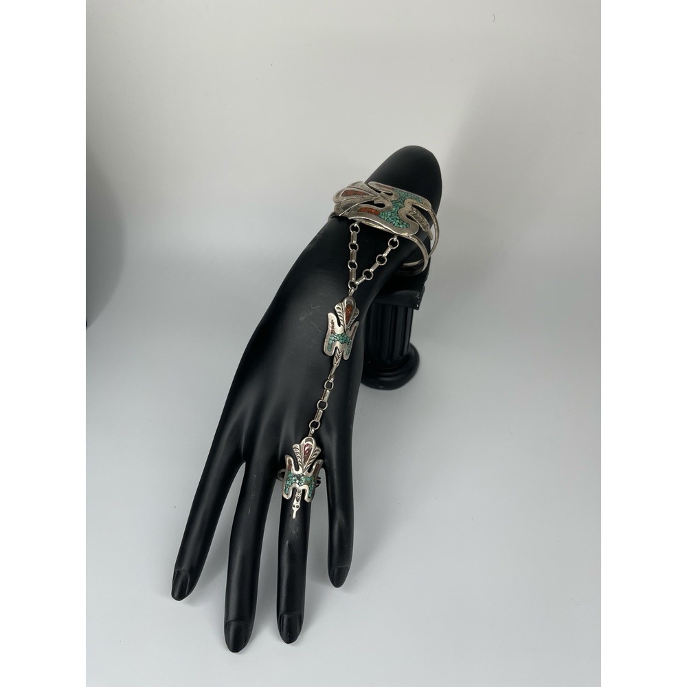 Rare Vintage Native American Sterling Turquoise Coral Slave Bracelet Ring Sz7